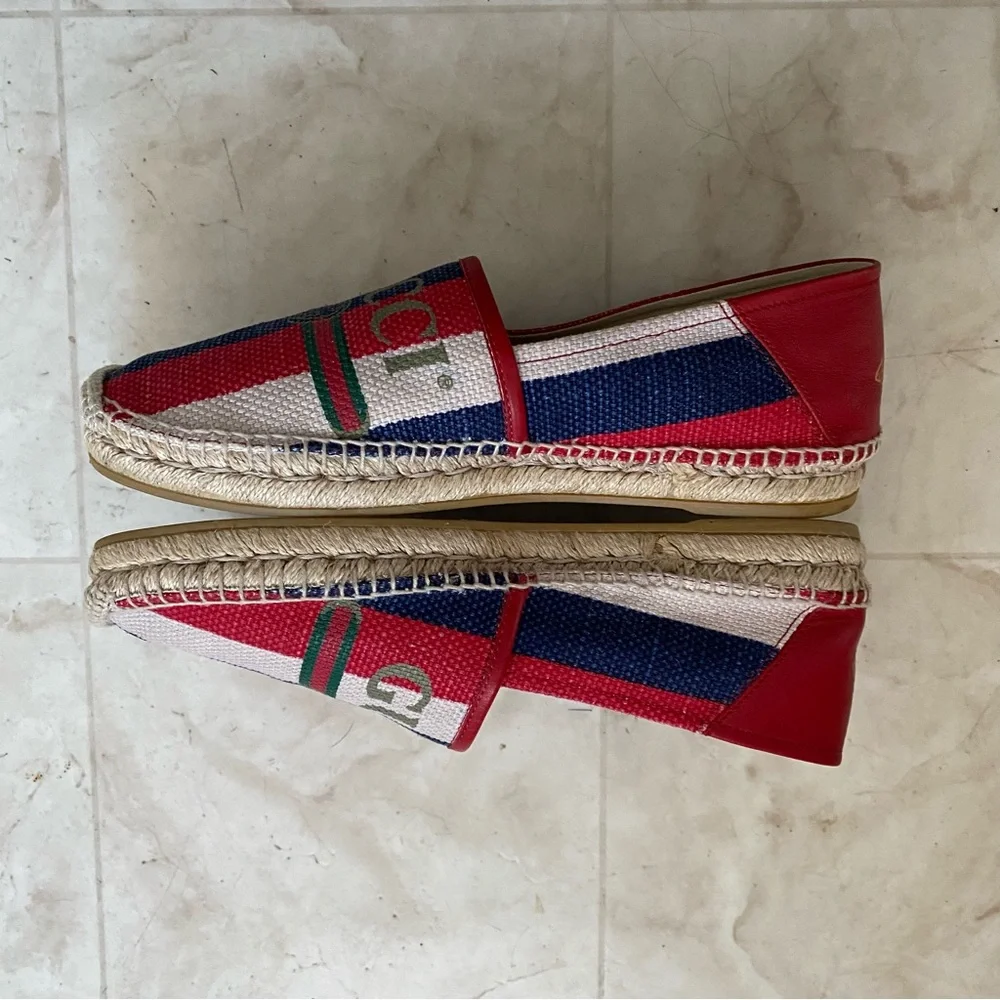 Gucci Sylvie Stripes Interlocking G Logo Canvas Leather Espadrilles Flats size 8